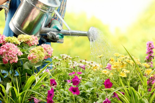 A gardener, wearing gardening gloves, is watering a vibrant flower bed in an outdoor garden. The bed is filled with a variety of colourful flowers, including pink, purple, and yellow blooms, set amidst lush green foliage. In the background, there are taller plants and possibly hedges creating a natural boundary for the garden space. The scene is illuminated by natural daylight, suggesting a bright, sunny day with clear weather. The garden features a well-maintained and diverse planting design, with healthy, dense grass and flower borders that highlight the outdoor aesthetics typical of a suburban garden in Sidcup. This scene exemplifies professional gardening and lawn care practices, fitting for services offered by Lawn Mowing Sidcup, with the garden's layout and plant choices supporting local landscaping and outdoor maintenance themes.