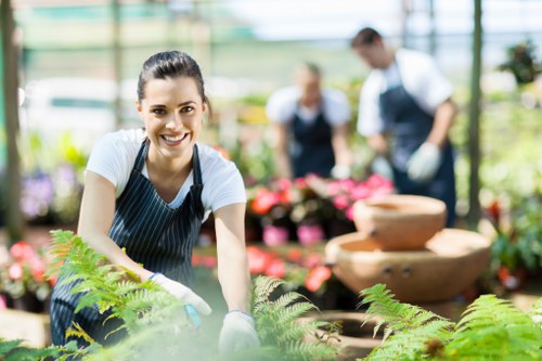 A young woman with dark hair tied back, wearing a white t-shirt and a navy striped apron, is kneeling in a lush greenhouse garden, smiling at the camera while tending to green ferns in a greenhouse environment. Behind her, there are blurred figures of two other gardeners, one using gloves, with various flowering plants, hanging baskets, and pots visible on shelves and tables. The greenhouse features glass panels allowing natural sunlight to illuminate the vibrant greenery and colourful floral displays, creating a bright and inviting outdoor-maintenance setting consistent with professional gardening services in Sidcup. The scene emphasizes detailed plant care, leafy textures, and the natural tones of the garden, aligning with lawn and horticultural service offerings by Lawn Mowing Sidcup, with a focus on healthy foliage and well-maintained garden aesthetics suitable for local customers across the postcodes in Sidcup and nearby areas.